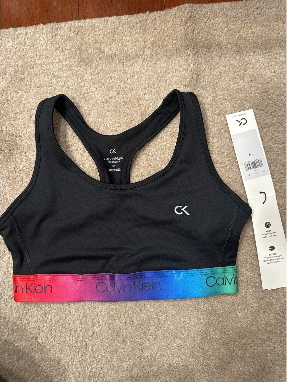 (3)Calvin Klein Performance Black Sports Bra with Rainbow Band Size S